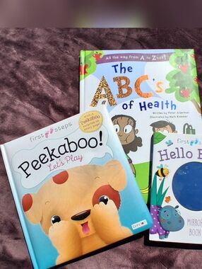 Bendon First Steps Peekaboo Puppy, Hello Baby Mirror Book, and ABCS Of Health